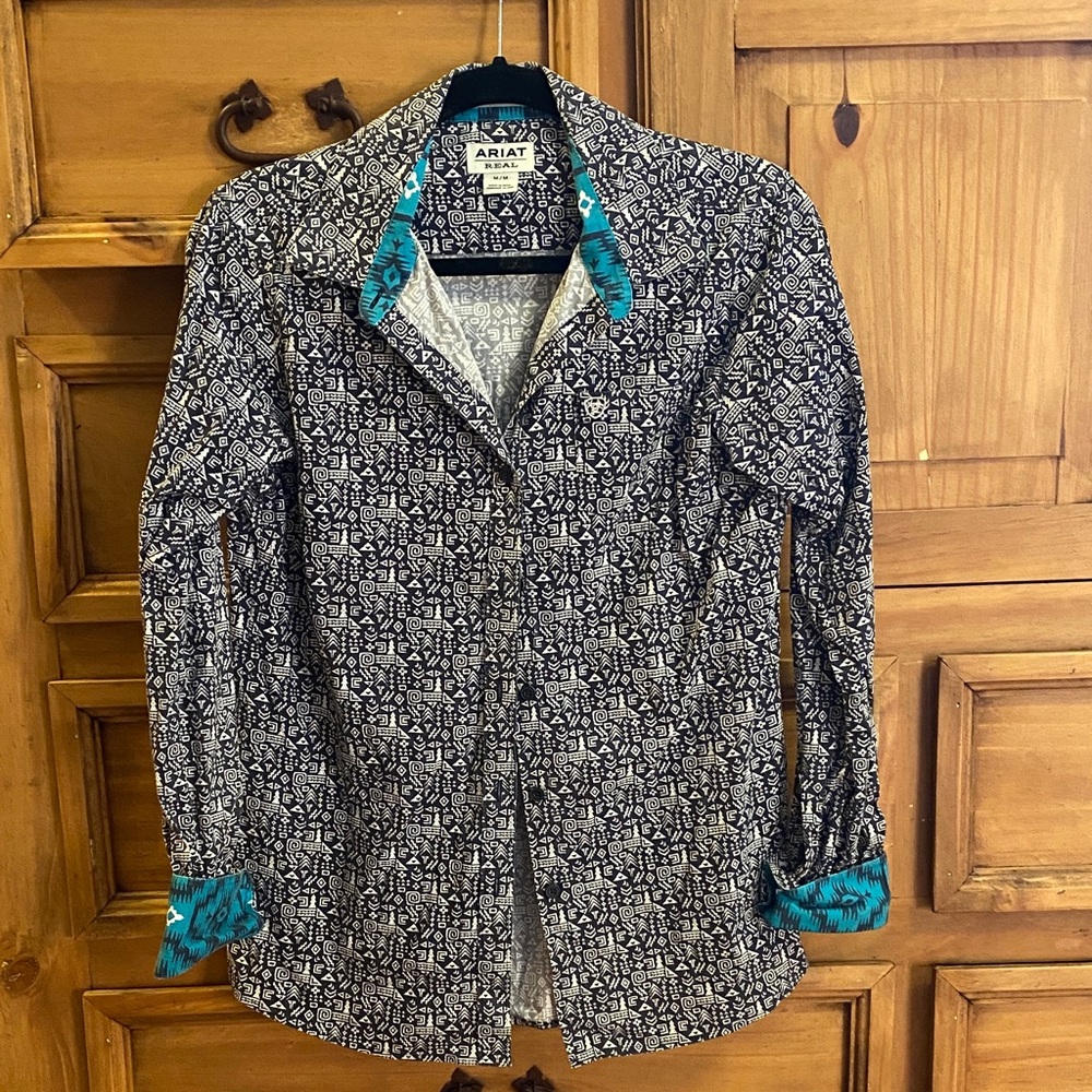 Ariat Women's Black and Teal Patterned Button Up Rodeo Shirt